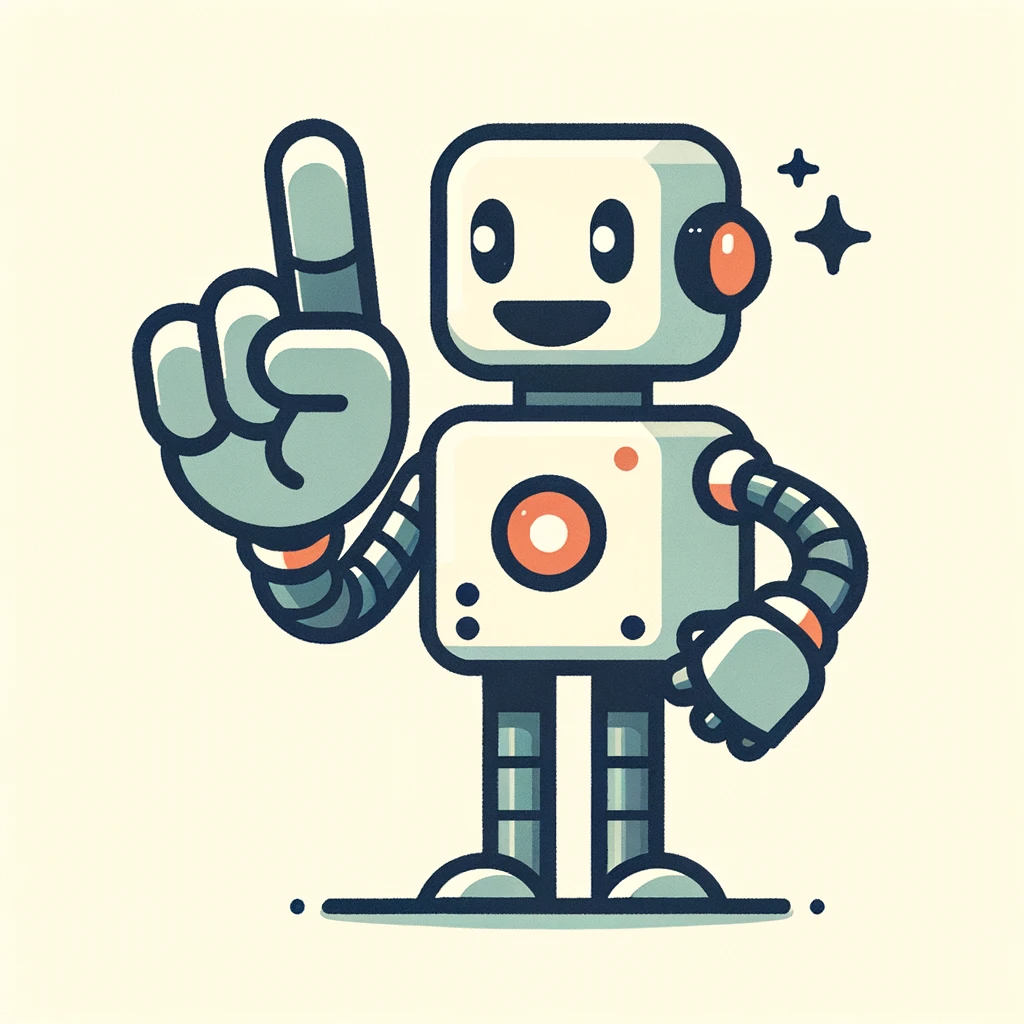 Flat vignette illustration on a white background depicting a likable robot's hand with a pointing finger, drawn in a friendly and simplistic style reminiscent of the previously referenced image.