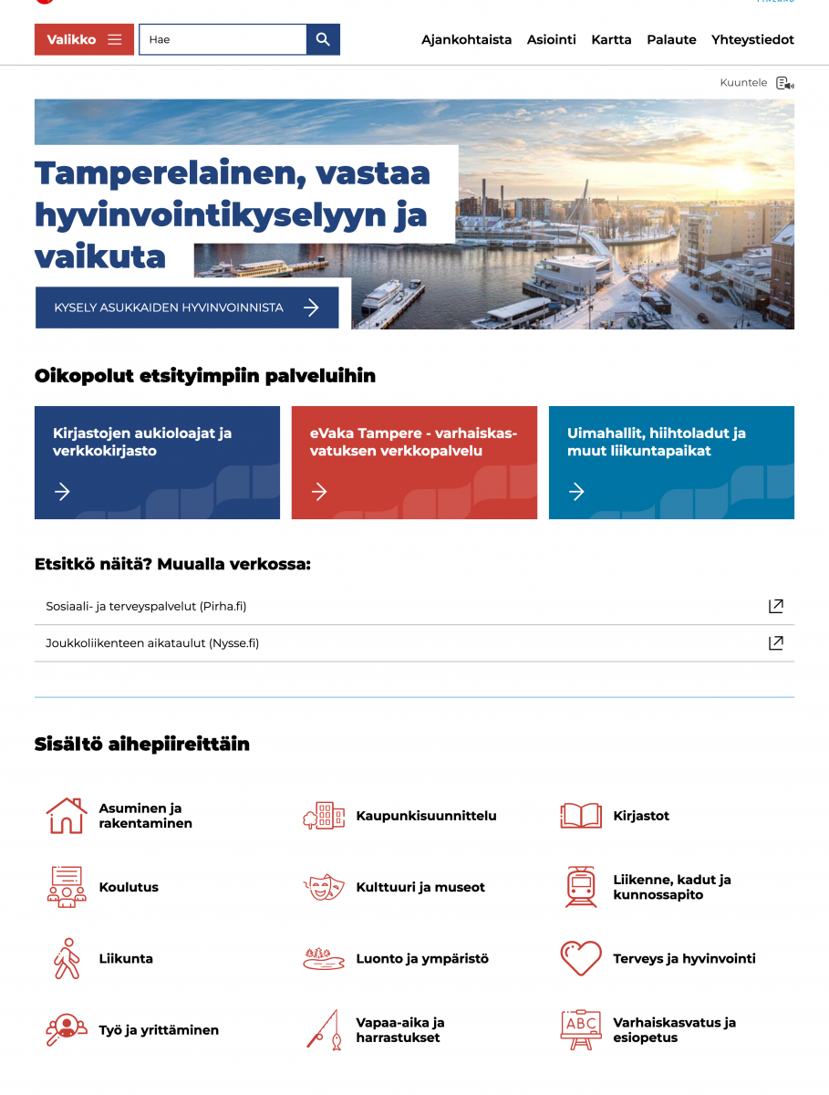 Ruutukaappaus Tampere.fi-sivuston etusivulta