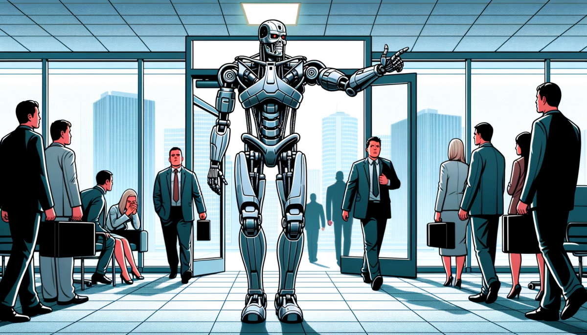 Sarjakuvamainen kuvitus robotista, joka muistuttaa James Cameronin Terminaattoria, osoittaa ovea toimistossa, ja työntekijät marssivat ulos niskat kyyryssä.